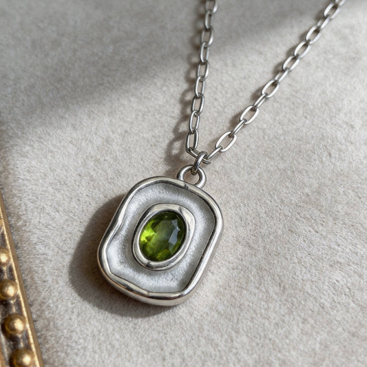 Stainless Steel Green Gemstone Square Pendant Necklace