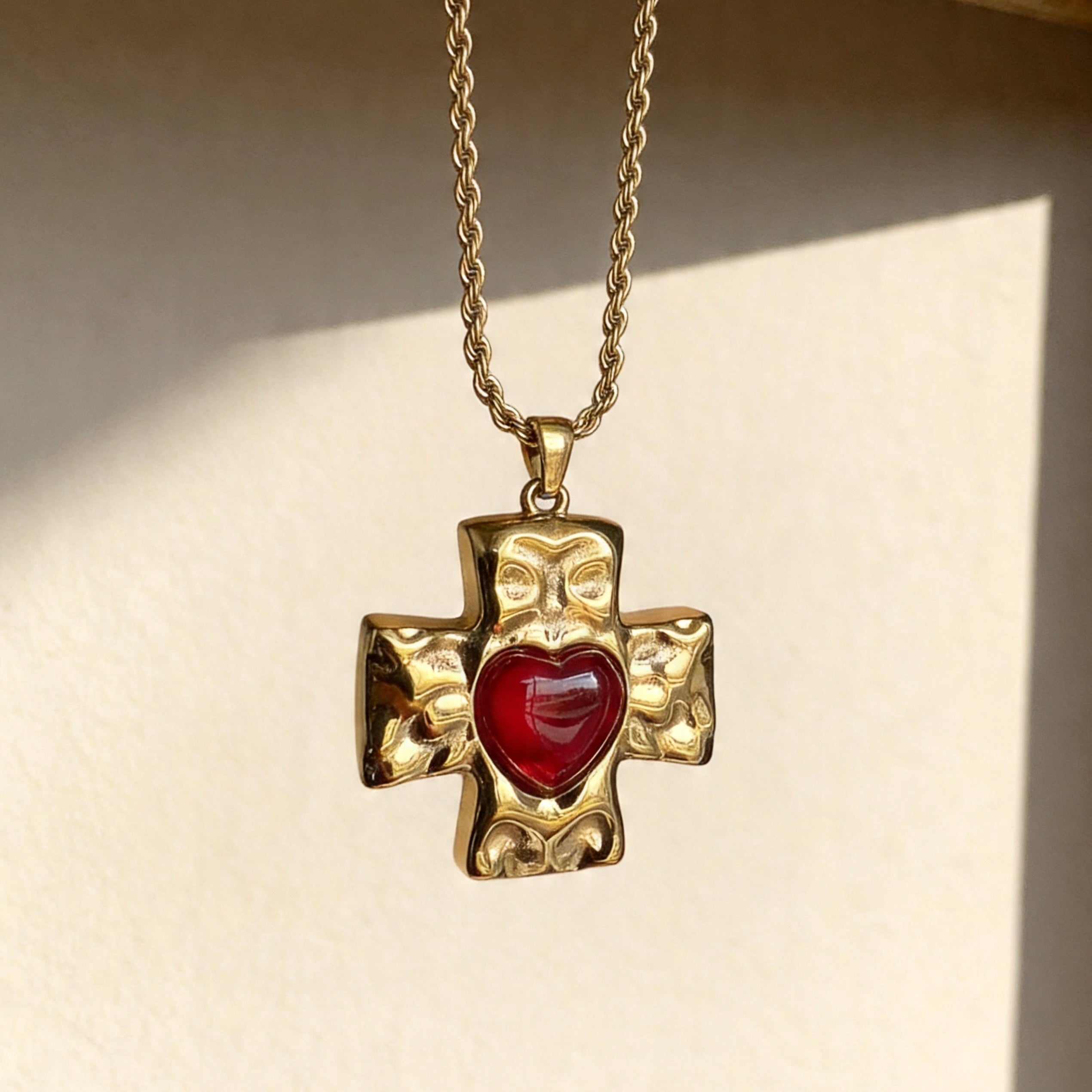 Red Heart Cross Pendant Necklace