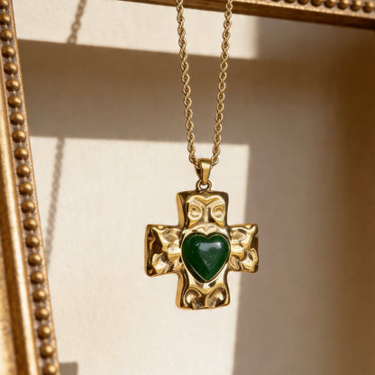Green Heart Cross Pendant Necklace