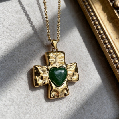 Green Heart Cross Pendant Necklace