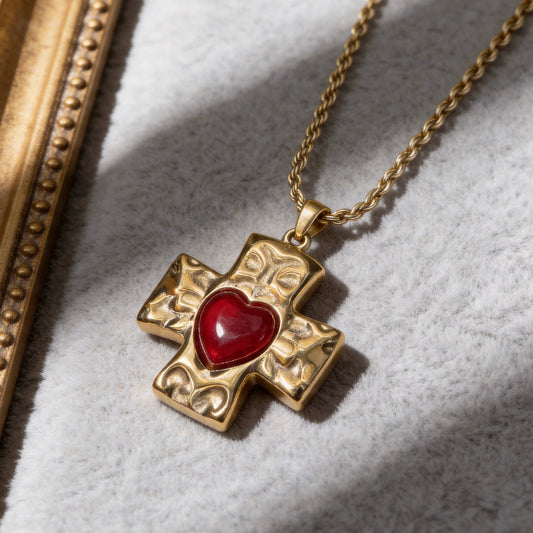 Red Heart Cross Pendant Necklace