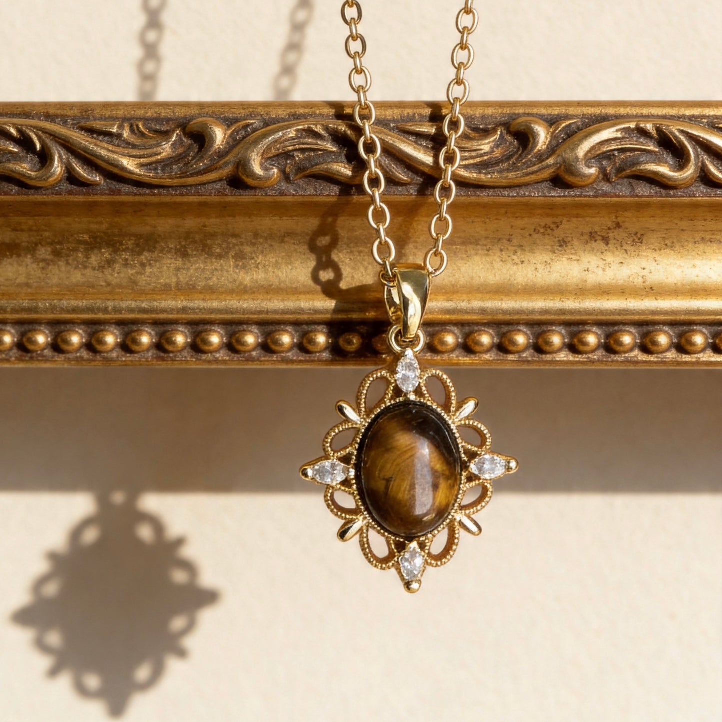 Vintage Floral Tiger Eye Pendant Necklace