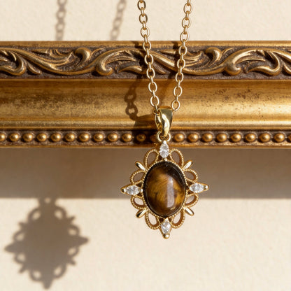 Vintage Floral Tiger Eye Pendant Necklace