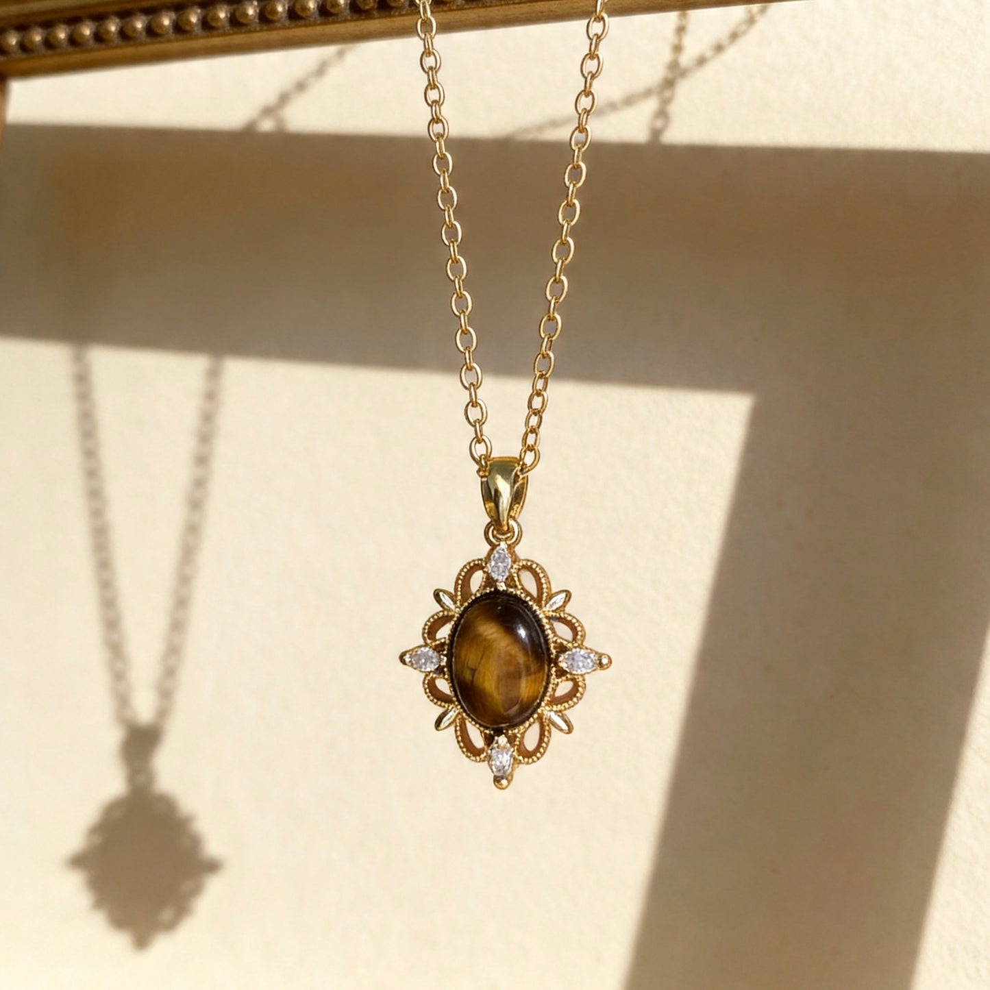 Vintage Floral Tiger Eye Pendant Necklace