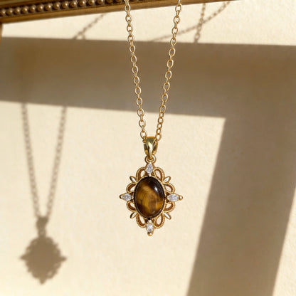 Vintage Floral Tiger Eye Pendant Necklace