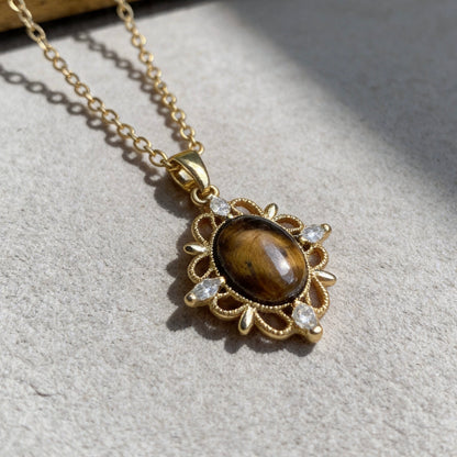 Vintage Floral Tiger Eye Pendant Necklace