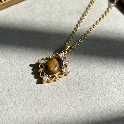 Vintage Floral Tiger Eye Pendant Necklace