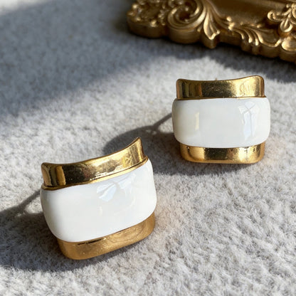 Gold White Enamel Earrings Vintage Statement
