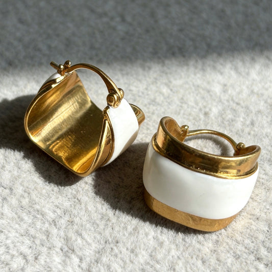 Gold White Enamel Earrings Vintage Statement