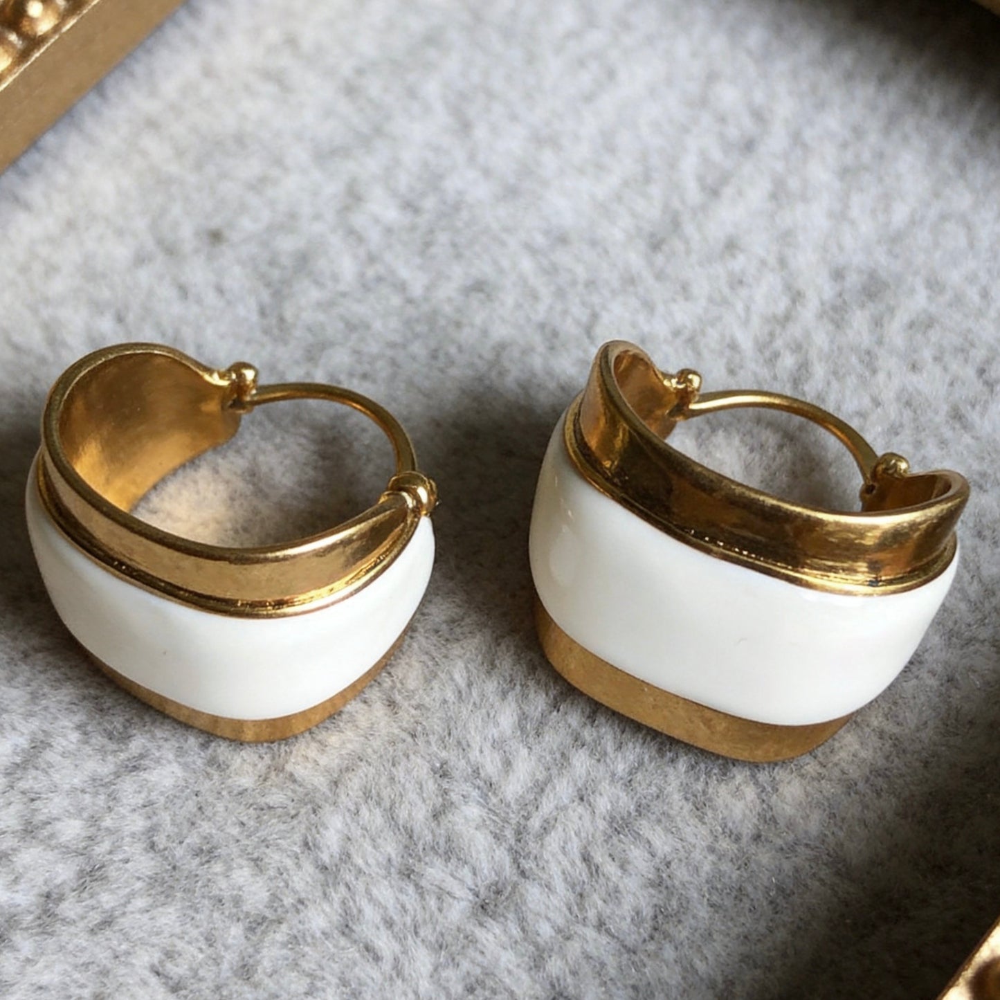 Gold White Enamel Earrings Vintage Statement
