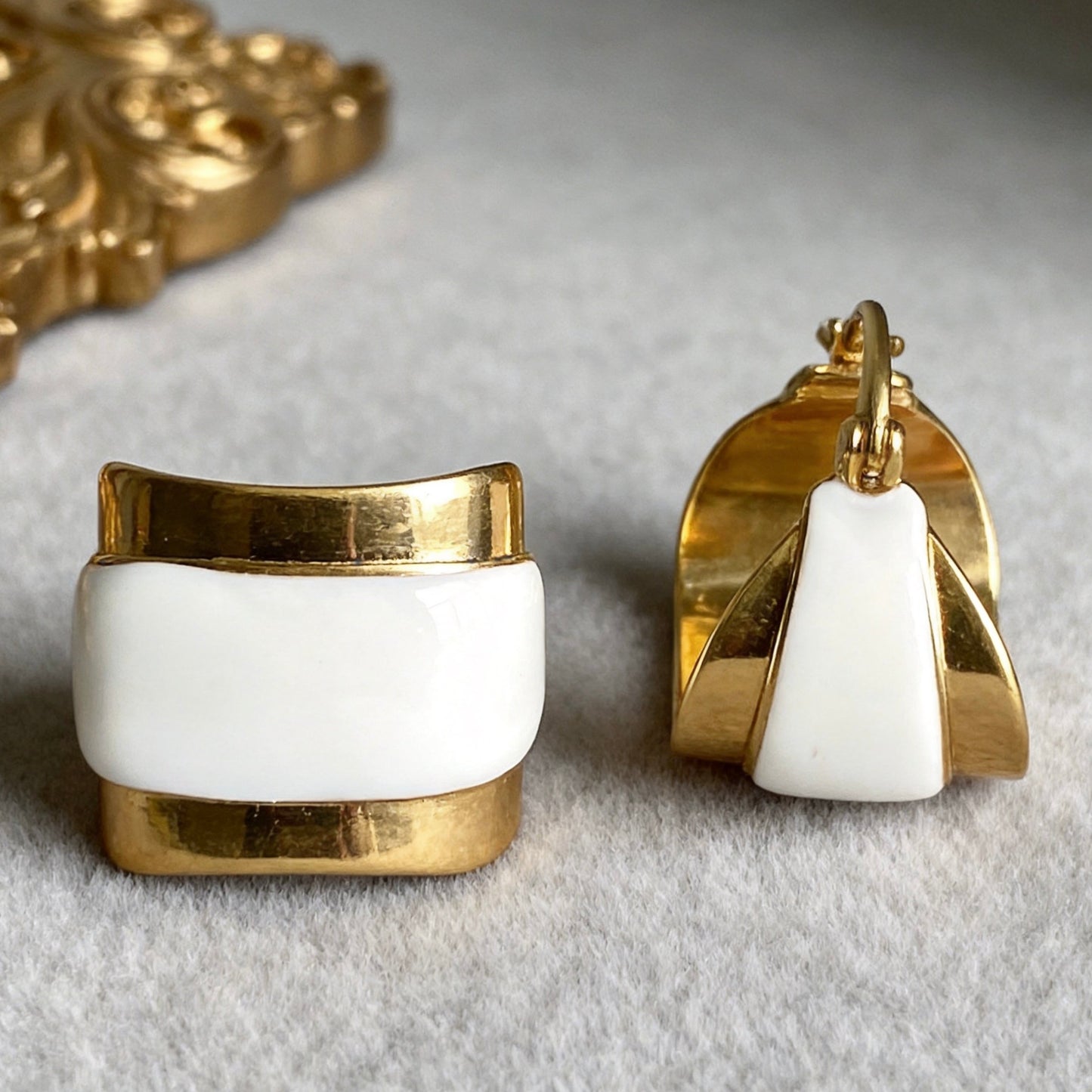 Gold White Enamel Earrings Vintage Statement