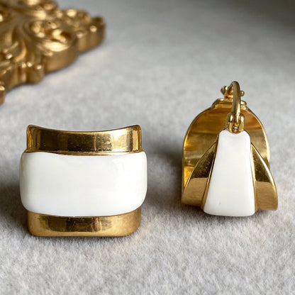 Gold White Enamel Earrings Vintage Statement