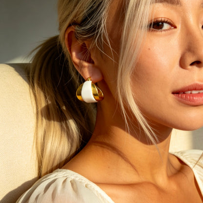 Gold White Enamel Earrings Vintage Statement
