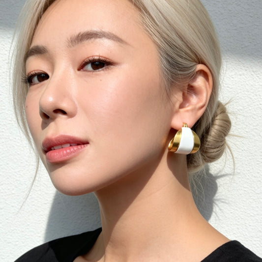 Gold White Enamel Earrings Vintage Statement