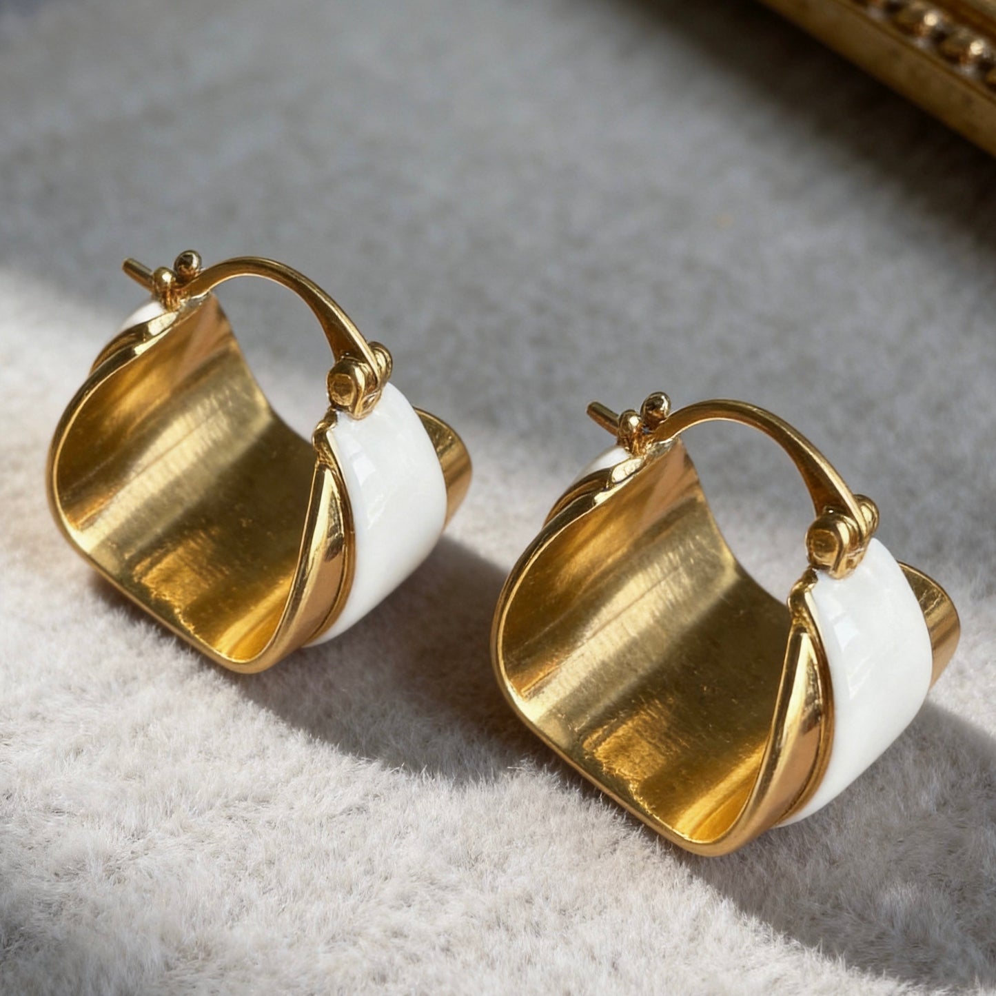 Gold White Enamel Earrings Vintage Statement