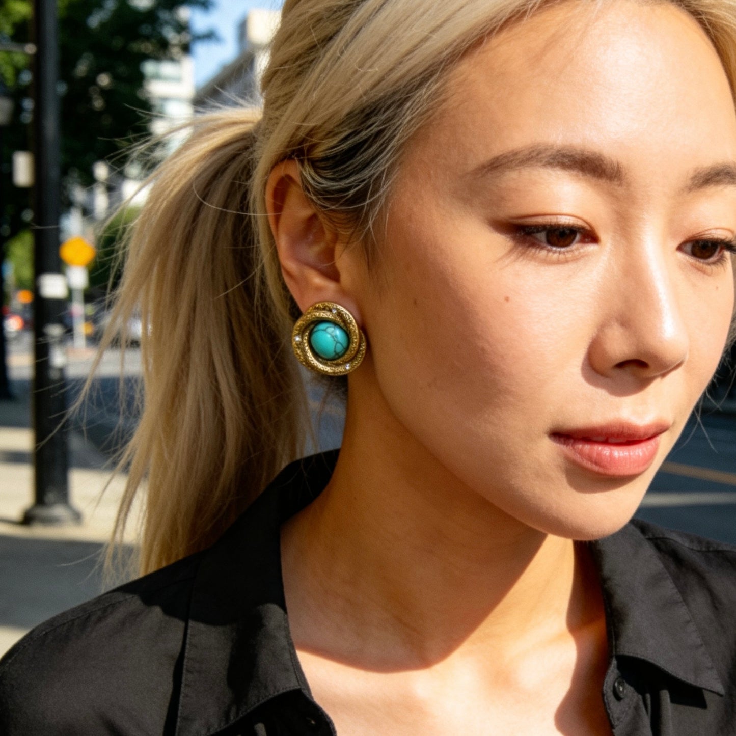 Vintage Gold Turquoise Stud Earrings