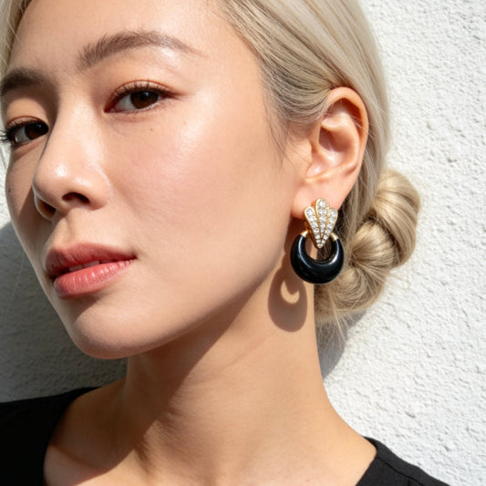 Vintage Black Hoop Rhinestone Fan Earrings