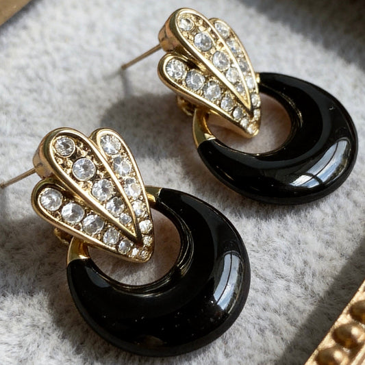 Vintage Black Hoop Rhinestone Fan Earrings