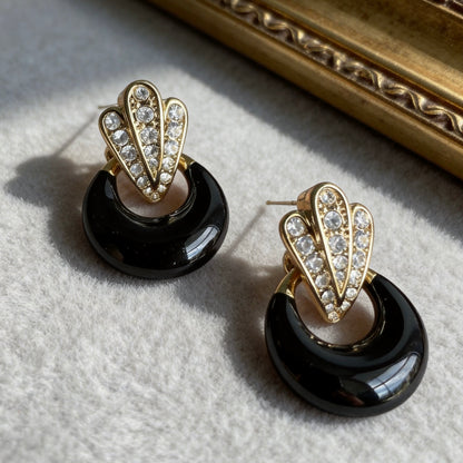 Vintage Black Hoop Rhinestone Fan Earrings