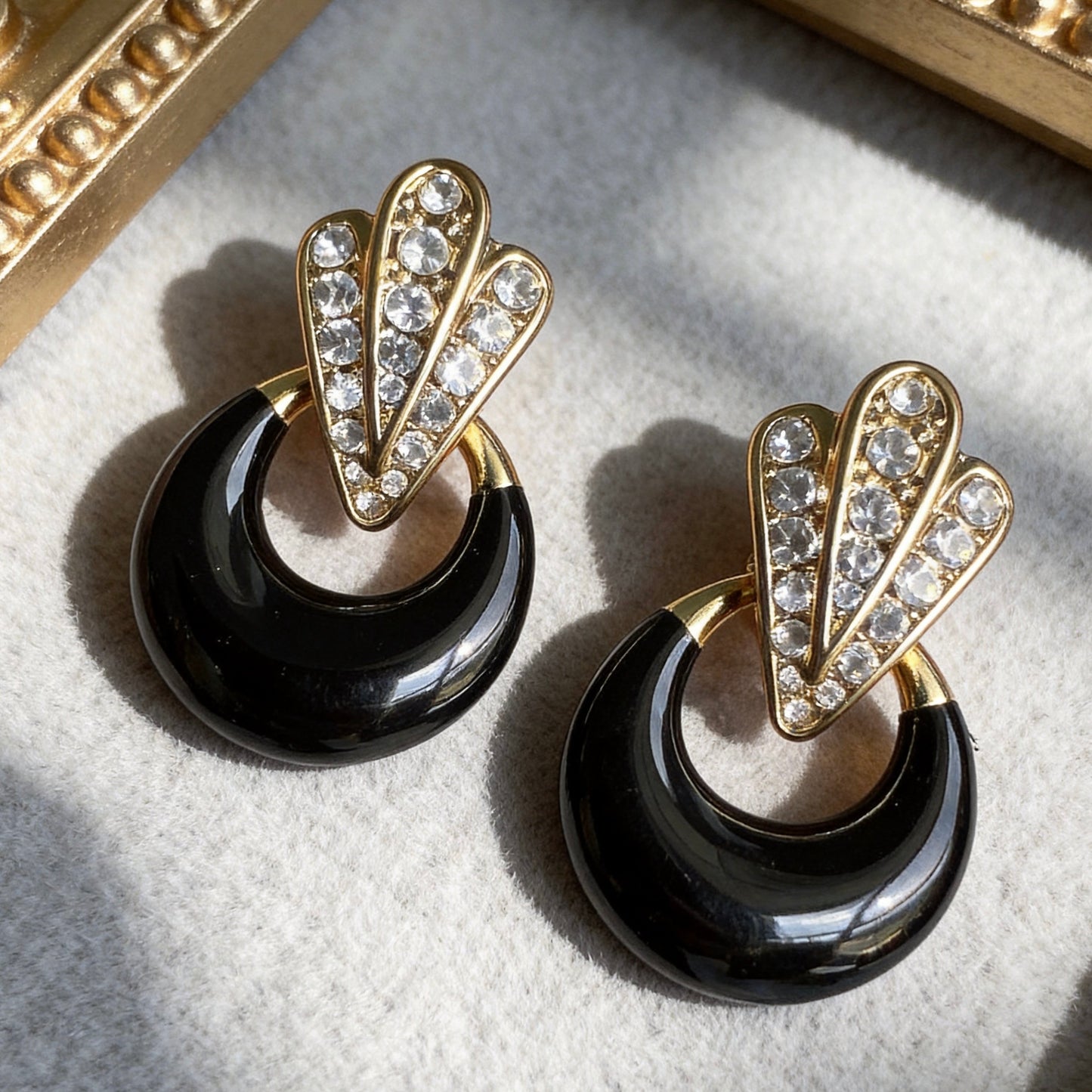 Vintage Black Hoop Rhinestone Fan Earrings