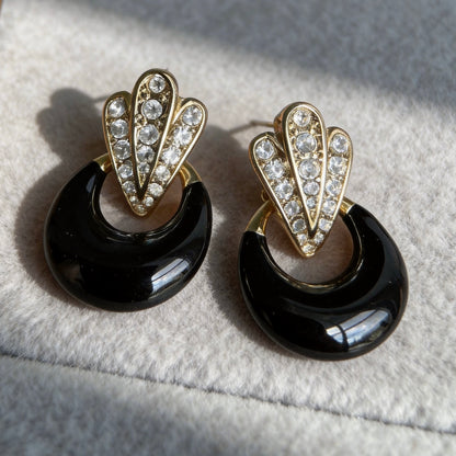 Vintage Black Hoop Rhinestone Fan Earrings