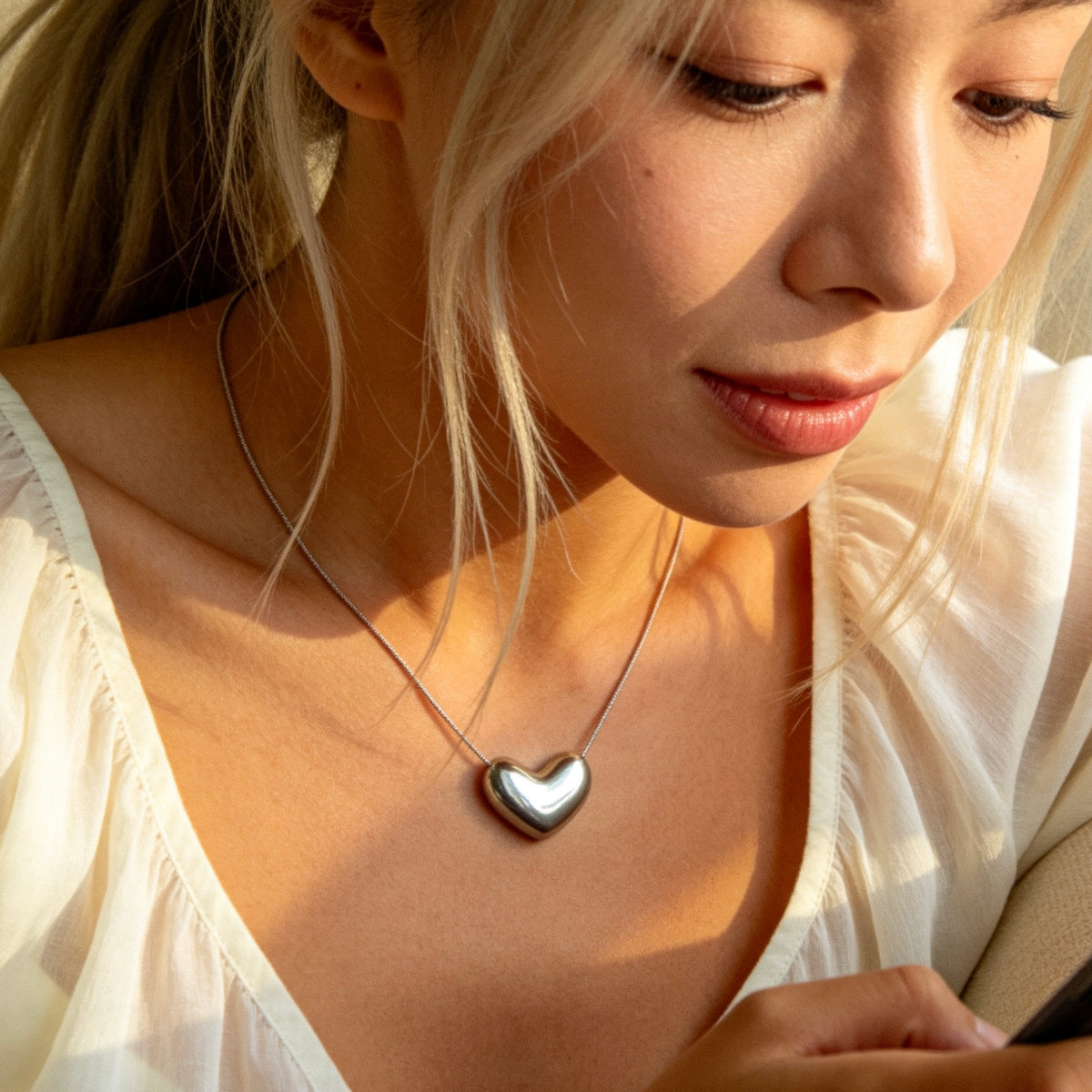 Organic Silver Bean Pendant Necklace