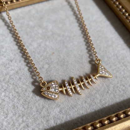 Crystal Fishbone Gold Necklace