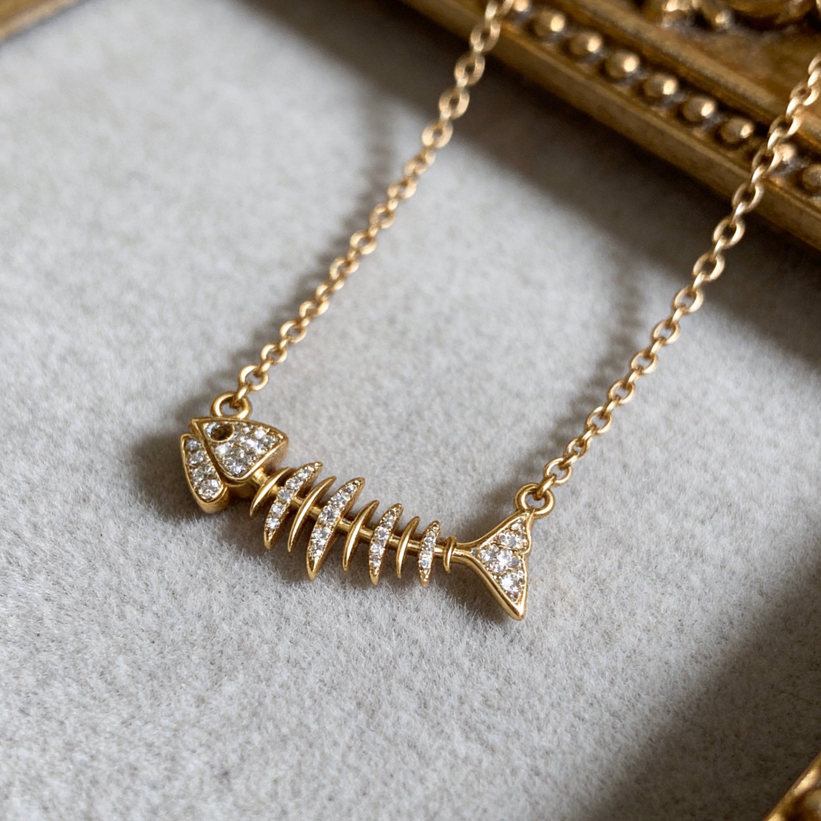 Crystal Fishbone Gold Necklace