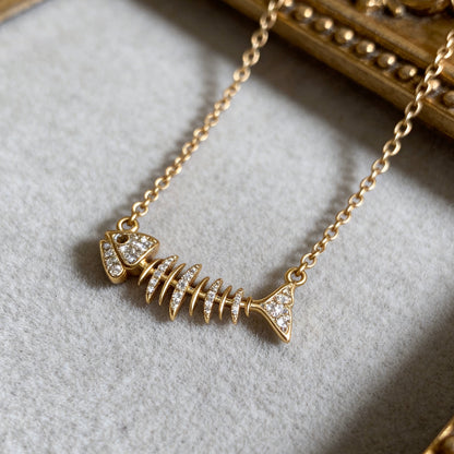 Crystal Fishbone Gold Necklace