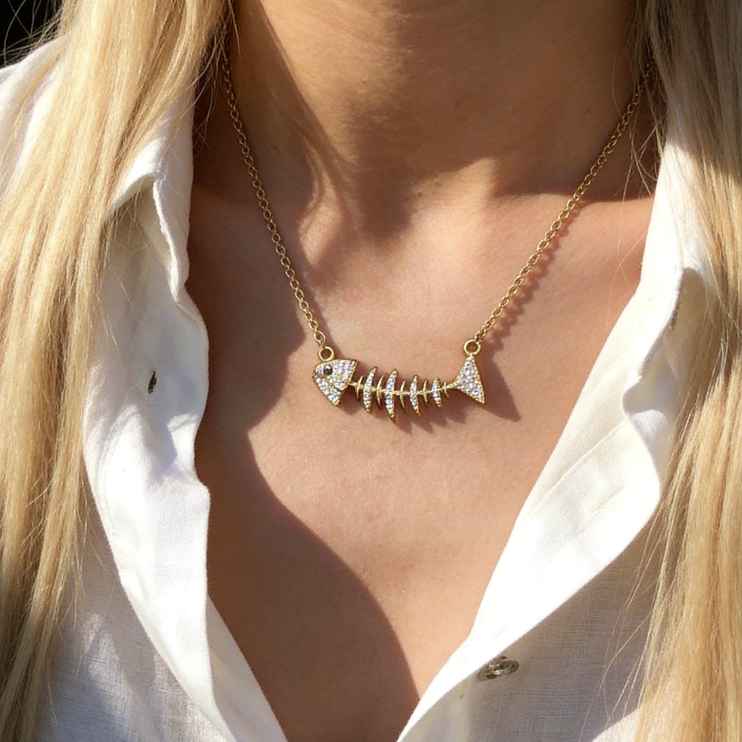 Crystal Fishbone Gold Necklace
