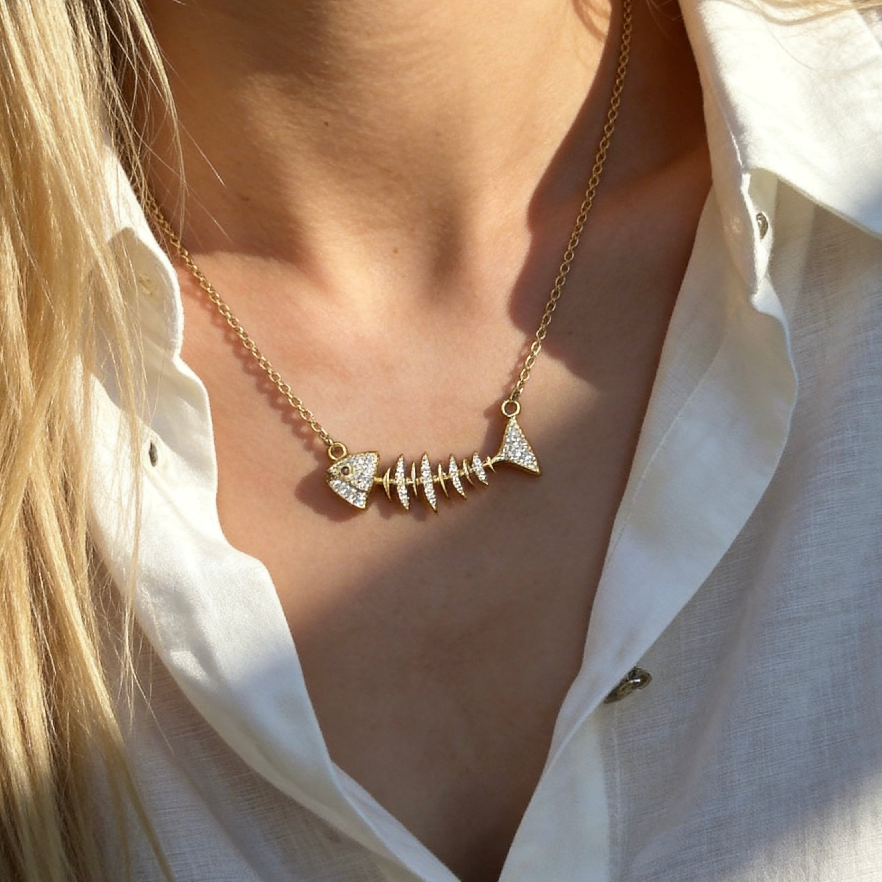 Crystal Fishbone Gold Necklace
