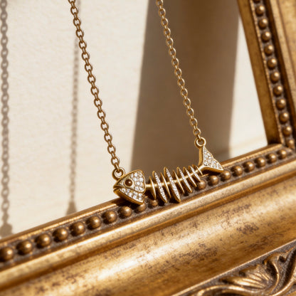 Crystal Fishbone Gold Necklace