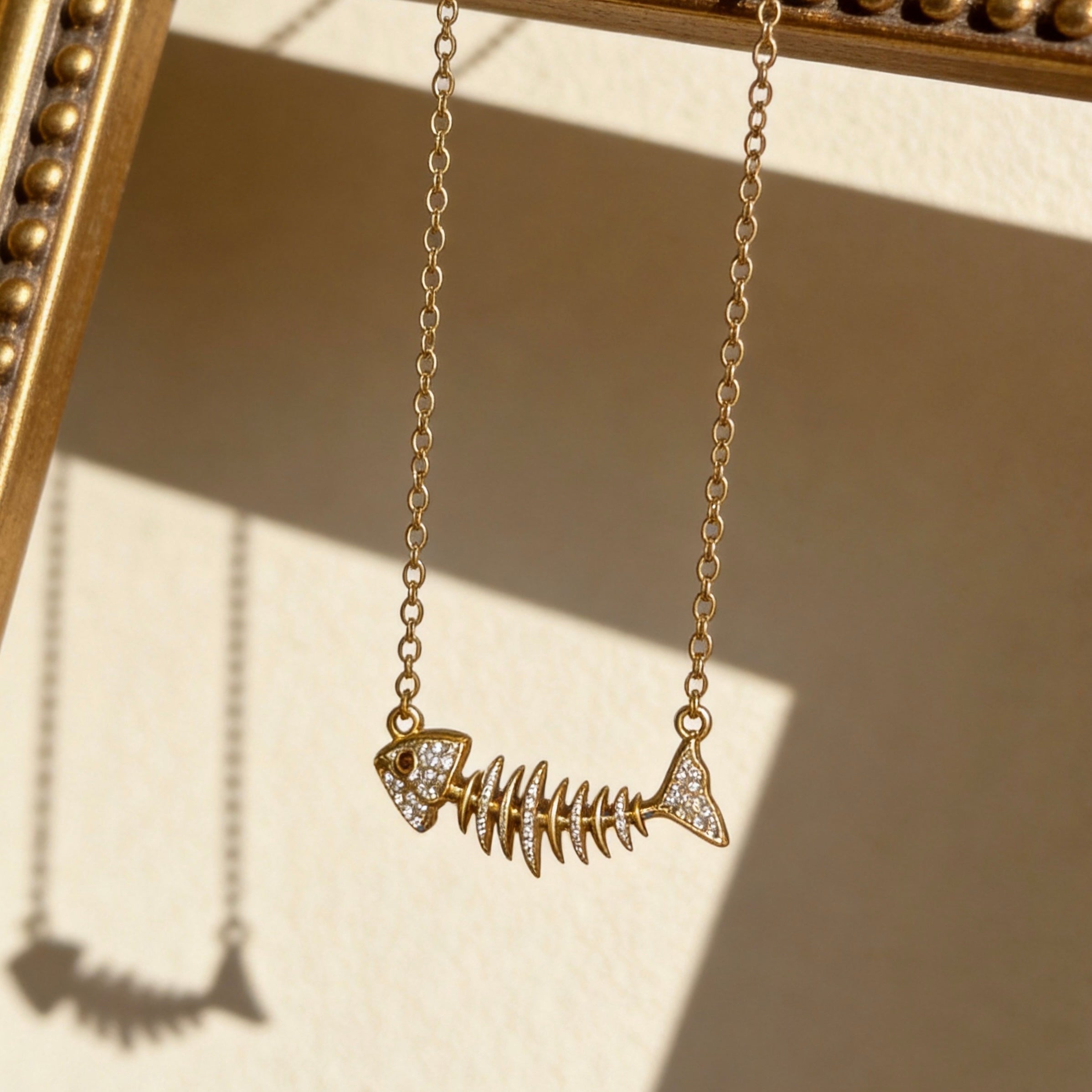 Crystal Fishbone Gold Necklace