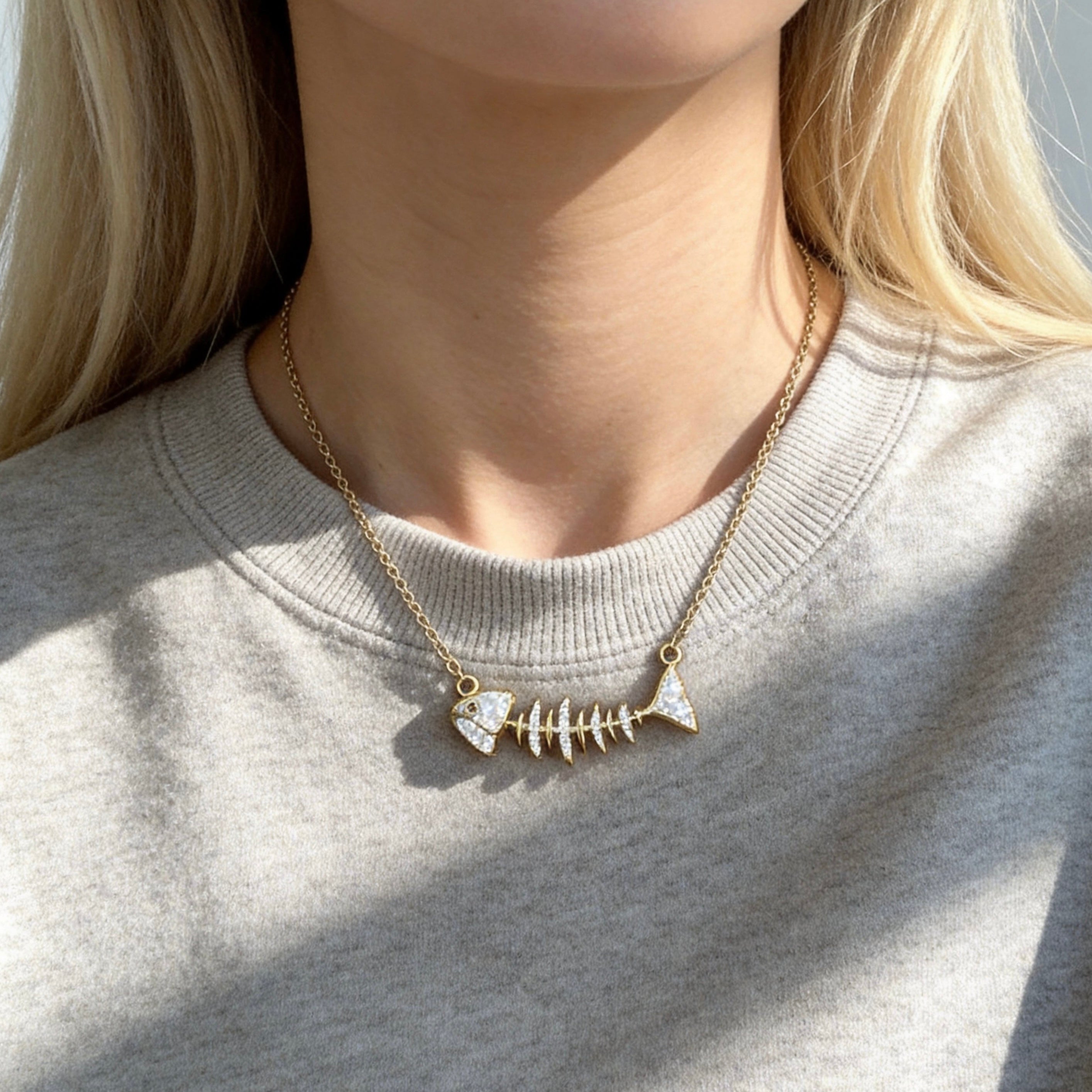 Crystal Fishbone Gold Necklace