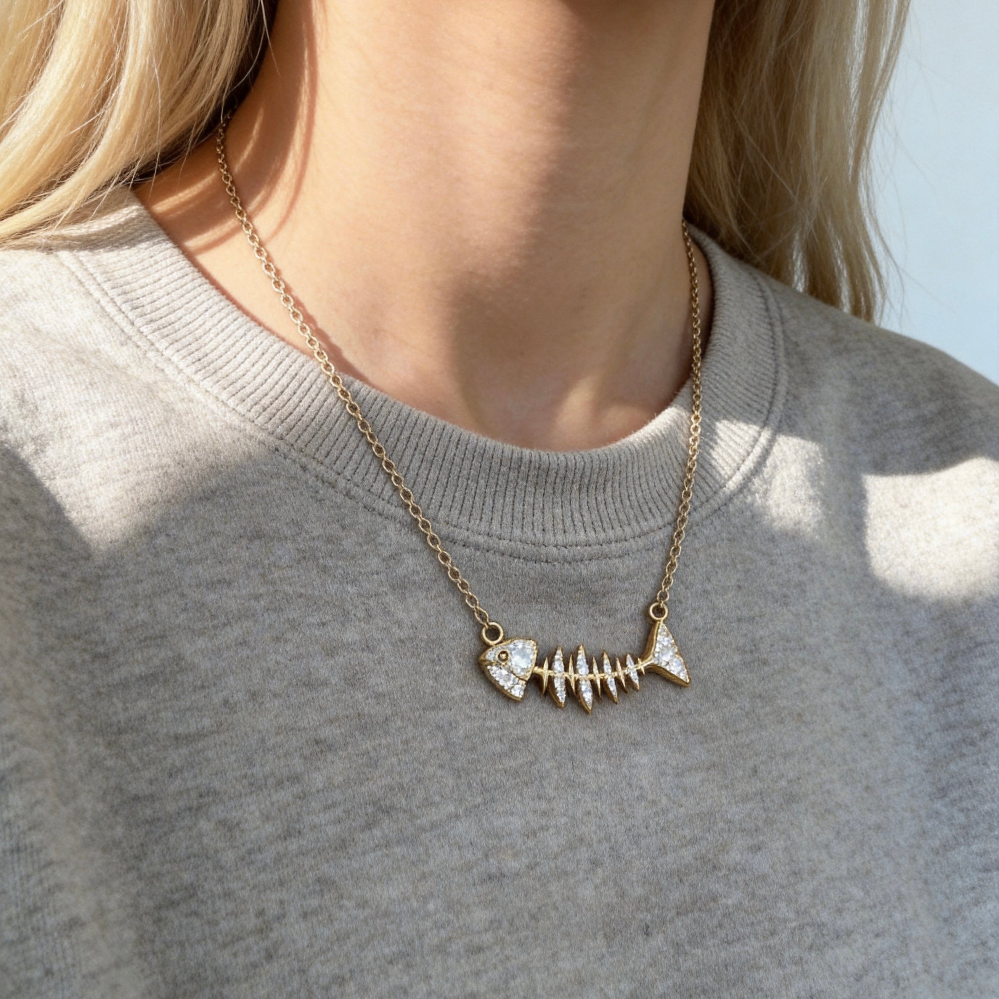 Crystal Fishbone Gold Necklace