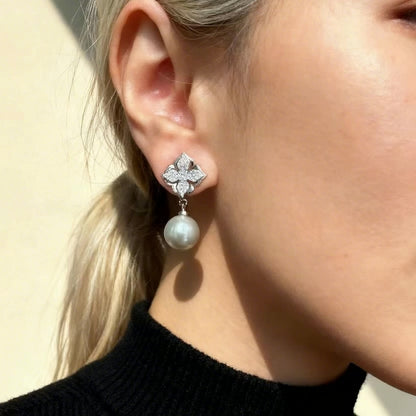 Floral Crystal Grey Pearl Earrings