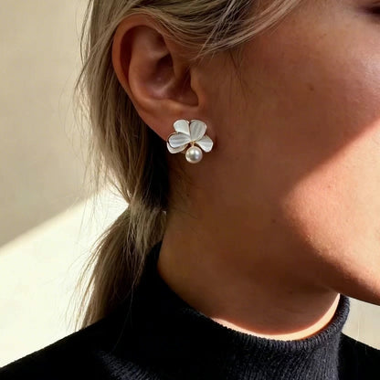 White Shell Petal Pearl Stud Earrings