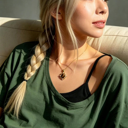 Vintage Floral Tiger Eye Pendant Necklace