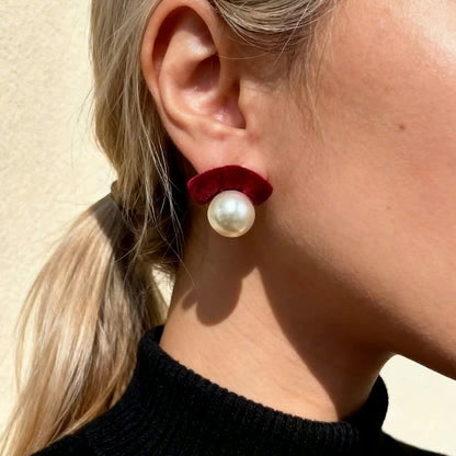 Red Velvet Pearl Stud Earrings