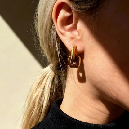 Gold & Red Brown Linked Hoop Earrings