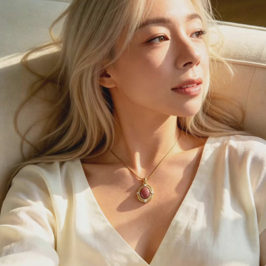 Vintage Red Wood-Grain Stone Pendant Necklace