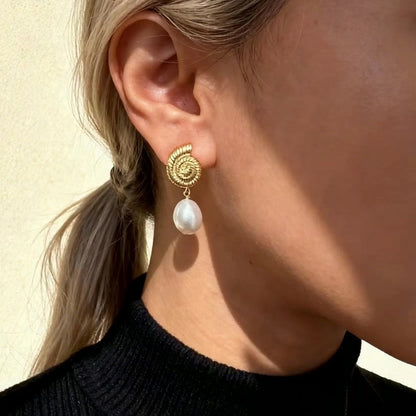 Gold Seashell Baroque Pearl Drop Earrings