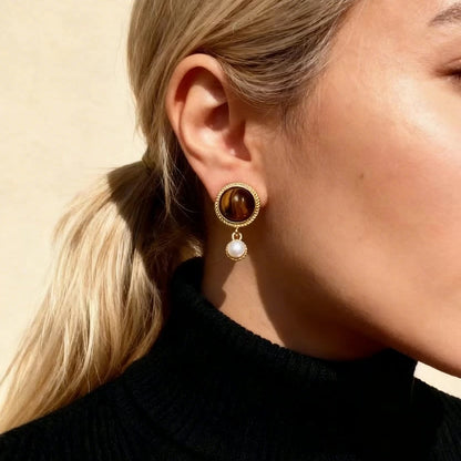 Vintage Tiger Eye & Pearl Drop Earrings
