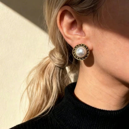 Gold Frame Pearl Stud Earrings