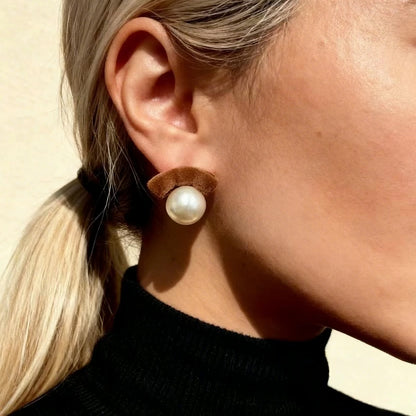 Brown Velvet Pearl Stud Earrings