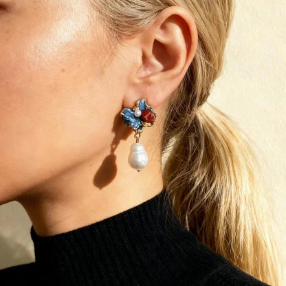 Blue Enamel Floral Baroque Pearl Drop Earrings