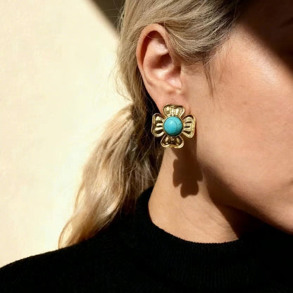 Gold Turquoise Flower Studs