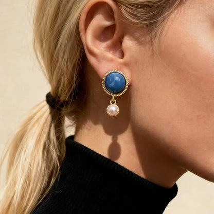 Blue Stone & Pearl Drop Earrings